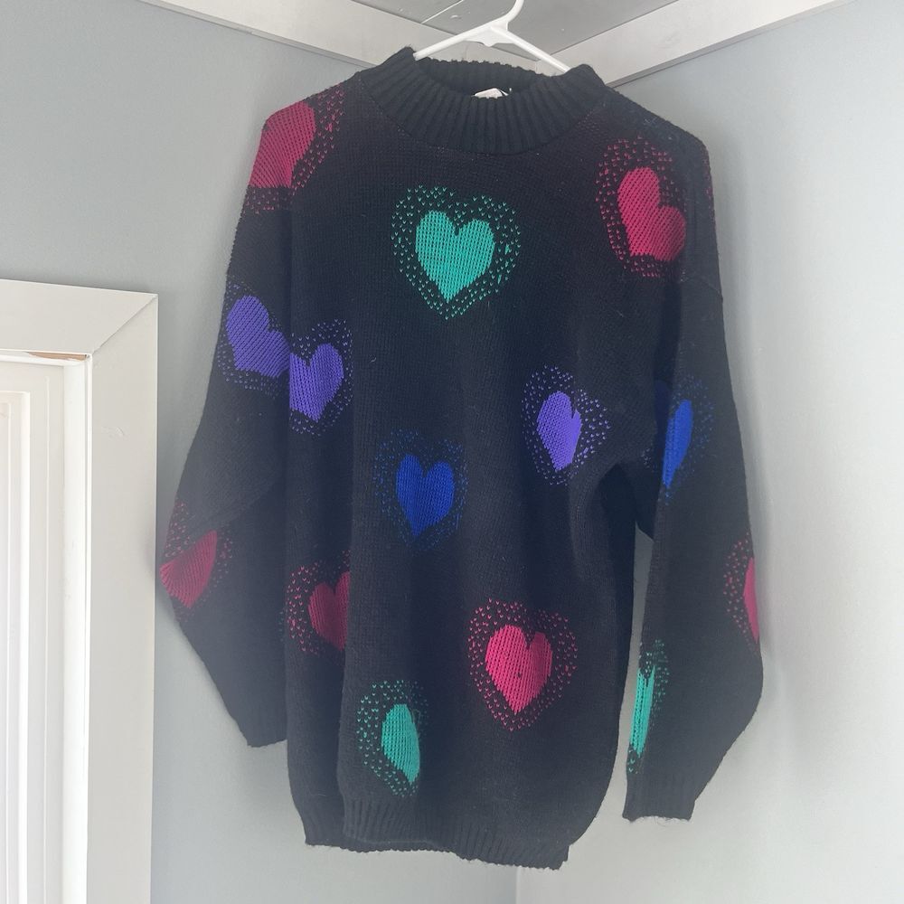Vintage Village Fair Black Colorful Heart Sweater Size XL